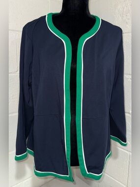 J. Jill Wearever Navy Blue Green Trim Open Front Jersey Jacket - Size 2X